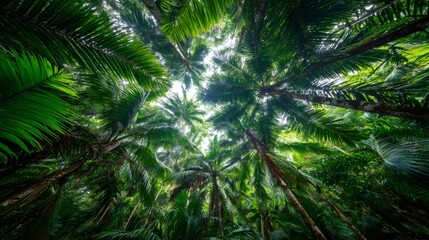 Palm trees forming a lush green canopy in a tropical jungle, looking up through the dense forest foliage to the bright sky