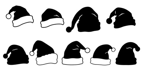 a collection of silhouetted santa hats, each with a unique shape and style, perfect for holiday designs.