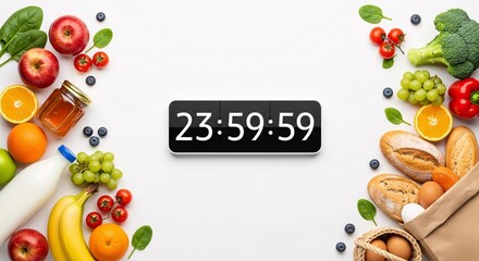 Fresh fruits vegetables and groceries surrounding a digital clock showing 23:59:59
