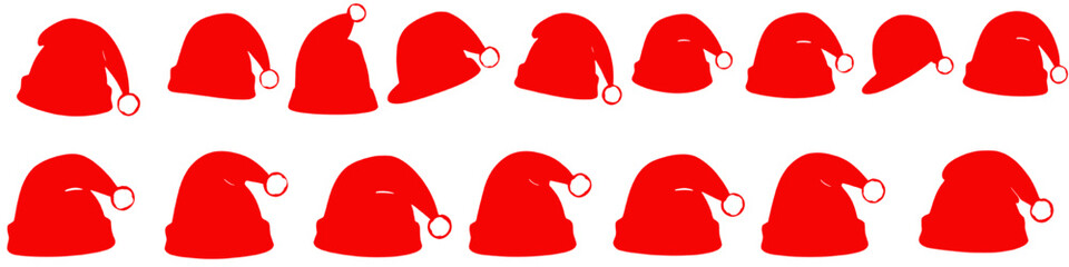 A collection of red Santa hats with white pom-poms are arranged in two rows against a black background. The hats are in various positions, adding a playful touch to the holiday theme.