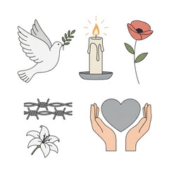 Naklejka premium A set of hand-drawn icons representing peace, conflict, and remembrance, featuring a dove, poppy, candle, lily, and heart