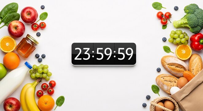 Fresh fruits vegetables and groceries surrounding a digital clock showing 23:59:59