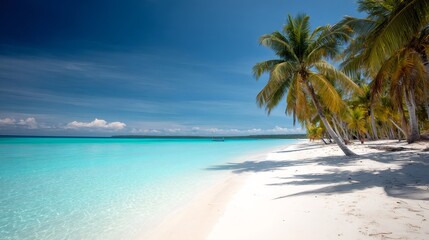 Obraz premium Tropical paradise scene featuring a pristine white sand beach, clear turquoise water, and a grove of lush green palm trees