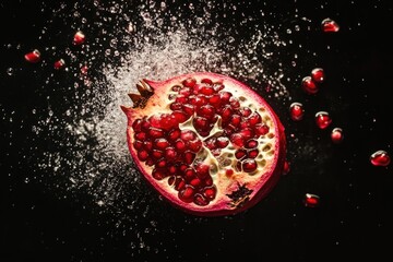 A vibrant pomegranate split open against a dark background, revealing its juicy interior.