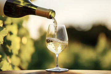 White wine being poured in vineyard setting