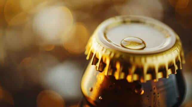 Close-up of a beer bottle cap with a droplet of water on it. The background features a blurred golden bokeh effect, creating a festive atmosphere.