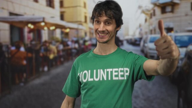 Man wearing green volunteer shirt shows thumbs up with hand while smiling on restaurant terrace indoors; optimism. - Powered by Adobe
