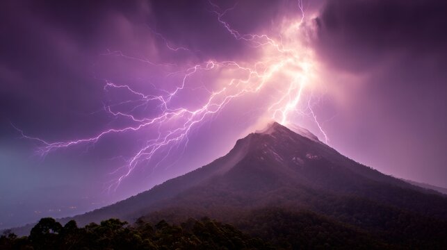Powerful lightning striking a mountain peak during a dramatic thunderstorm under a vibrant purple night sky