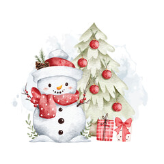 Watercolor Illustration Snowman with Christmas Tree and Gifts