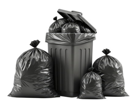 Black trash bags and bin transparent background cutout png