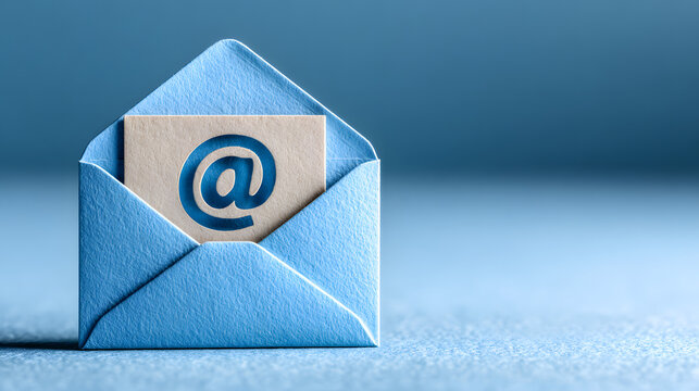 New email notification concept for business e-mail communication and digital marketing. Inbox receiving electronic message alert. Abstract minimalist design with cutout paper and blue background.