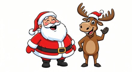 Cheerful cartoon Santa Claus with a smiling moose wearing a Santa hat isolated on white