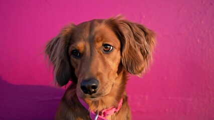 Close up shot of a cute brown dog looking at the camera with a pink background
