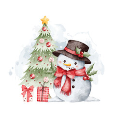 Watercolor Illustration Snowman with Christmas Tree and Gifts