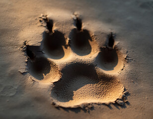 Close-up of a distinct animal paw print deeply impressed in sandy ground, illuminated by warm sunlight.