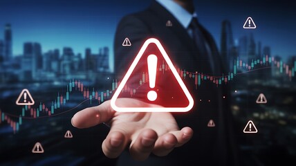 Financial Market Risk Warning Alert with Businessman Holding Caution Symbol