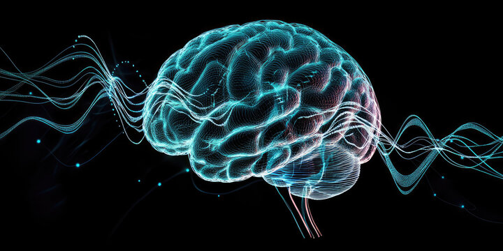 Abstract digital illustration of a human brain with sound waves emanating from it, showcasing the connection between thought and audio perception in a visually striking manner