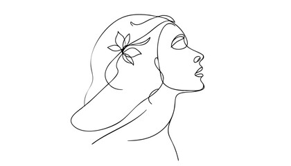 Single line drawing in modern minimalist style of sad female silhouette on white background 