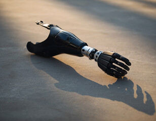 A close-up shot of a black prosthetic arm lying on a concrete surface, casting a shadow.