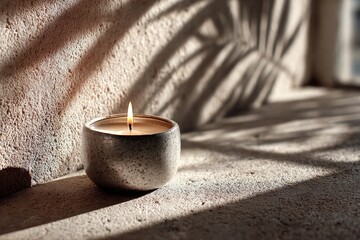 Spa Candle with Warm Light and Shadow Patterns. Relaxation & Wellness Mood.