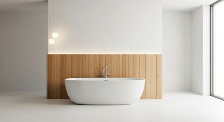 Fototapeta premium Modern minimalist bathroom with a freestanding white bathtub against a wood paneled wall soft lighting