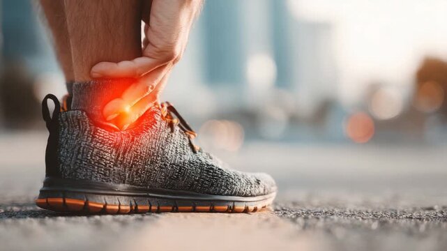 Close-up of a person holding their ankle, showing redness, likely due to injury, wearing a running shoe