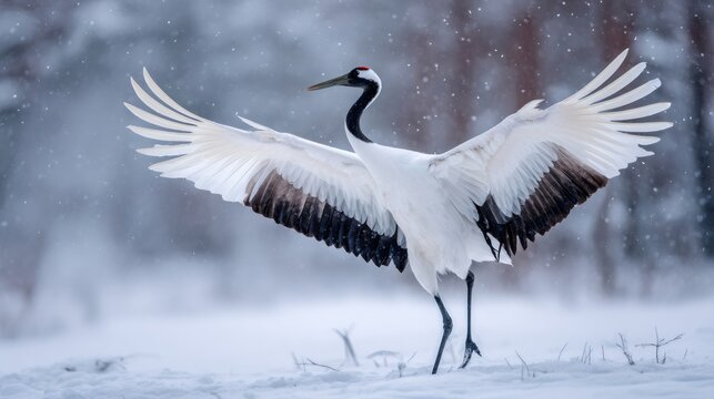 Red crowned crane spreading wings in falling snow during Hokkaido winter, symbolizing grace and nature's beauty