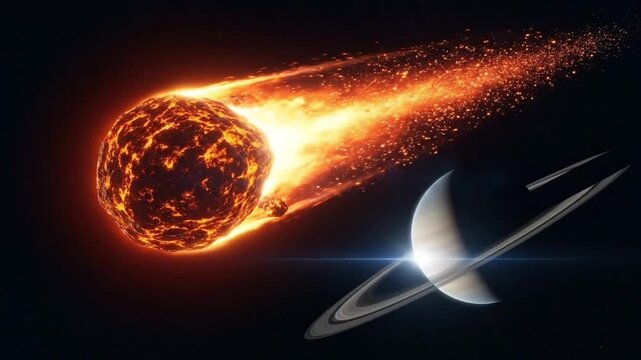 Fiery Asteroid hurtling through space near ringed planet with glowing tail and orange sparks