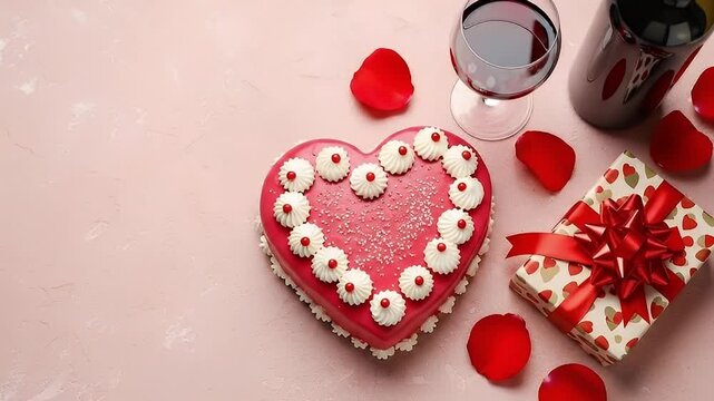 A beautifully composed flat lay showcases a vibrant heart-shaped pink cake, meticulously decorated with delicate white frosting rosettes and sparkling sprinkles. Adjacent to this sweet centerpiece, a 