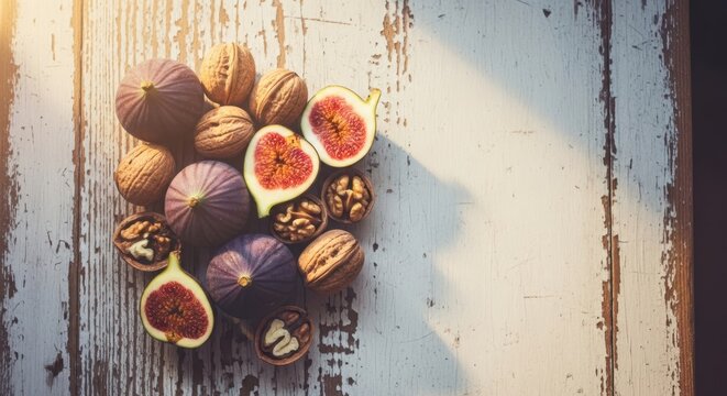 Rustic arrangement with figs and walnuts on weathered white wooden surface