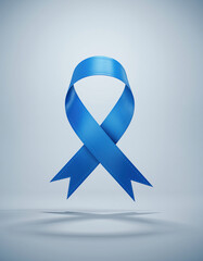 A single blue awareness ribbon, a symbol of hope and support, stands against a soft, light blue background.