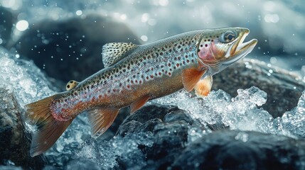 Trout leaping through icy stream waters in bright sunlight creates a stunning nature scene