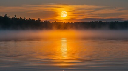 Sunset over a tranquil lake with golden reflections and mist on a peaceful evening