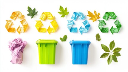 Colorful recycling bins and crumpled paper with leaves arranged for a clean environment initiative