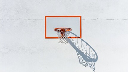 Basketball hoop against a textured wall casting a shadow during daylight hours