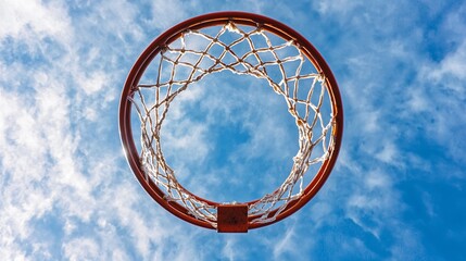 Bright blue sky behind a basketball hoop in an outdoor court during a sunny day