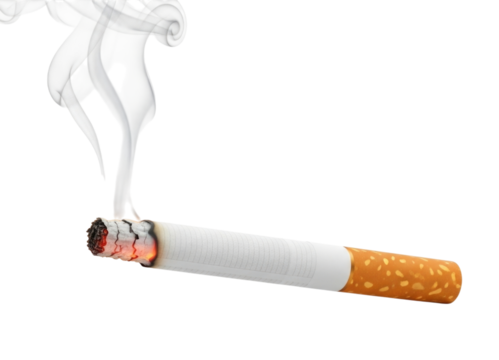 Burning cigarette with smoke transparent background cutout png