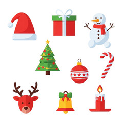 Obraz premium A festive collection of colorful Christmas holiday icons in a modern flat design style, perfect for winter celebrations