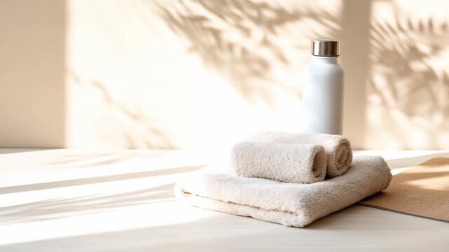 Yoga mat towels water bottle sunlight shadows wellness fitness setup