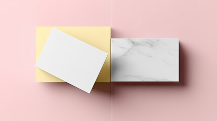 Minimalist design featuring blank business cards on pastel backgrounds, ideal for branding or marketing purposes. soft colors create modern and clean aesthetic