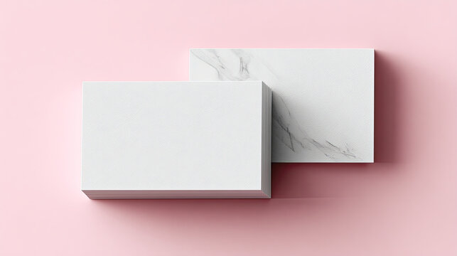 High quality blank business cards on pink background, featuring textured design and marble pattern. Perfect for professional branding and networking