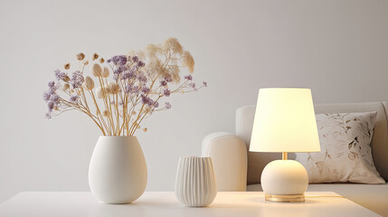 modern living room featuring elegant vases with dried flowers and stylish lamp, creating cozy and sophisticated ambiance. soft colors and minimalist design enhance overall aesthetic
