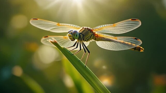Cinematic Macro Close-up of Dragonfly Perched on Grass Blade Illuminated by Golden Hour Sunbeams and Bokeh