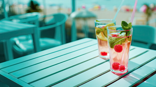 Refreshing summer beverages on cafe table, featuring vibrant drinks with raspberries and mint. beach view adds cheerful ambiance to scene