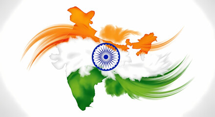 Indian map displays tricolor brushstrokes with ashoka chakra, symbolizing national pride and unity on a bright white canvas, radiating patriotism.