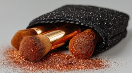 Copper-toned makeup brushes and loose powder spill from a black, sparkly makeup case.