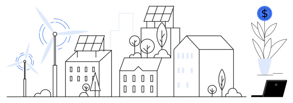Solar panels atop buildings, wind turbines, trees, and cityscape highlight a clean energy transition. Ideal for green energy, sustainability, eco-living, technology, smart cities urban planning