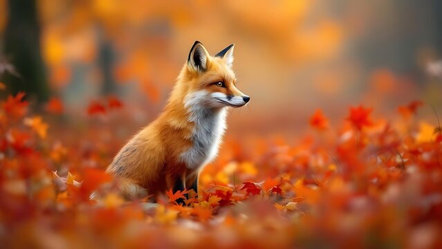 Wild red fox standing among colorful autumn bushes, looking alert in a natural landscape. Soft background with warm light highlighting fur and seasonal foliage
