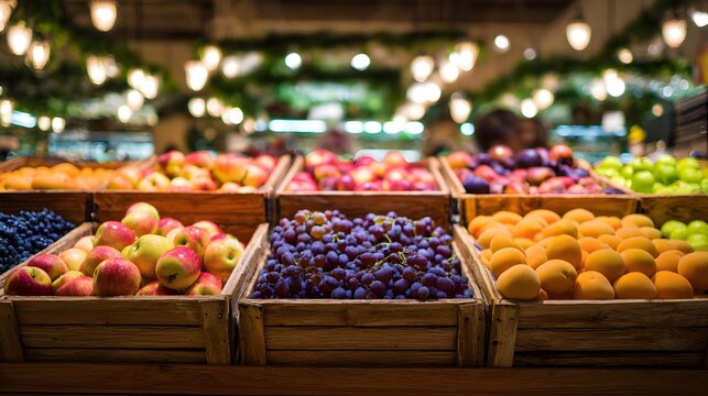 Vibrant fresh fruits apples oranges grapes peaches displayed in supermarket wooden bins a cheerful produce scene