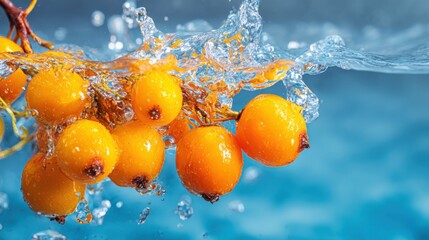 sea buckthorn berries splashing into clear blue water, dynamic macro capture, orange yellow tones, droplets in motion, bright lighting, vibrant
